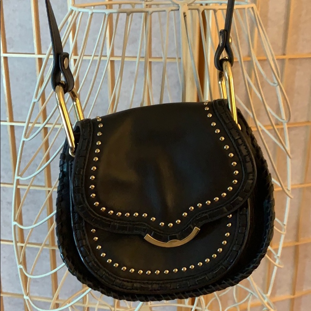 Black Crossbody Saddle Bag with Gold Hardware